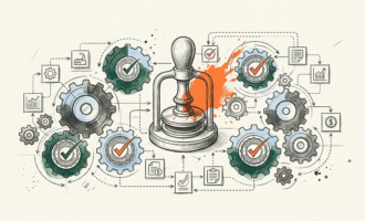 A sketched diagram showing a central seal press and interlocking gears with checkmark icons, illustrating a comprehensive system for meeting business legal requirements.