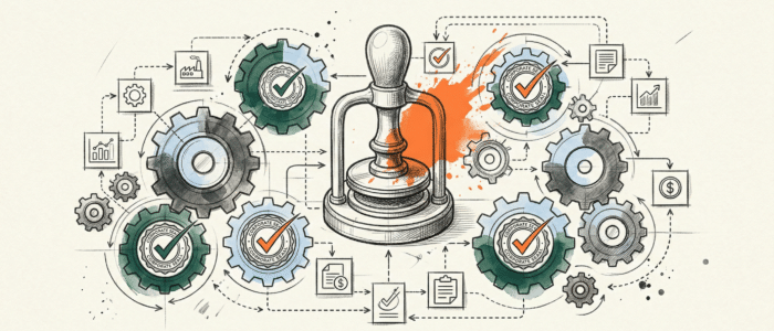 A sketched diagram showing a central seal press and interlocking gears with checkmark icons, illustrating a comprehensive system for meeting business legal requirements.