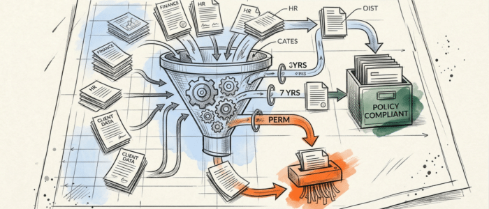A sketched infographic funnel visualising how to create a document retention policy, sorting HR, Finance, and Client Data into storage and shredding.