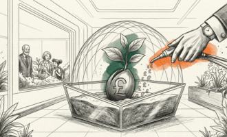 A minimalist line-art sketch illustrating a protected seed fund, with a grandparent's hand nurturing a sprouting £ seed, visualising the best ways to leave money to grandchildren through strategic planning and education support.