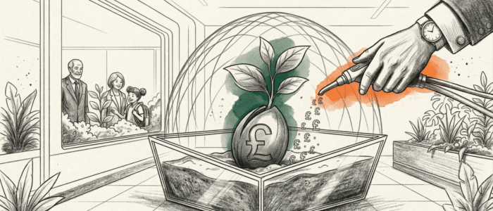 A minimalist line-art sketch illustrating a protected seed fund, with a grandparent's hand nurturing a sprouting £ seed, visualizing the best ways to leave money to grandchildren through strategic planning and education support.