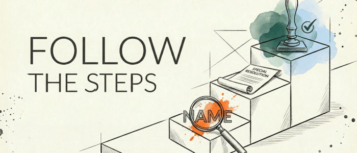 A sketched diagram illustrating "FOLLOW THE STEPS" for a company name change process. Ascending blocks feature a magnifying glass for "NAME", a "SPECIAL RESOLUTION" document, and a corporate seal with watercolour splashes and a checkmark.