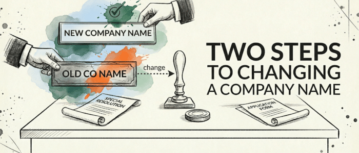Sketched infographic showing how to change a company name in two steps, transitioning from 'OLD CO NAME' to 'NEW COMPANY NAME' with legal forms.