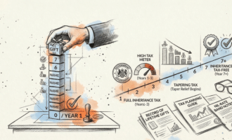 A minimalist charcoal sketch illustrating the 7 year rule on gifts, featuring a vertical seven-step countdown, a protective hand placing a gift, and branded orange and blue watercolour washes.