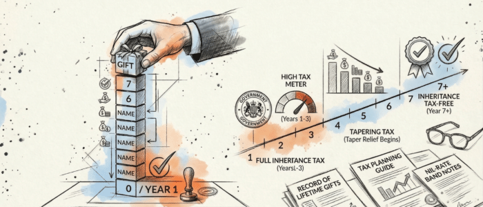 A minimalist charcoal sketch illustrating the 7 year rule on gifts, featuring a vertical seven-step countdown, a protective hand placing a gift, and branded orange and blue watercolour washes.