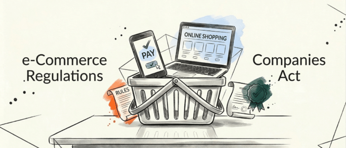 Charcoal sketch for Legalo website compliance showing an e-commerce shopping basket with laptop and mobile phone icons for E-Commerce Regulations and Companies Act.