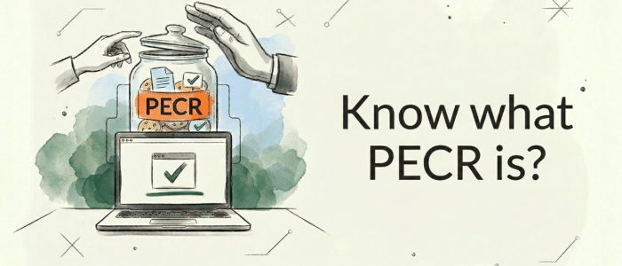 Hand-drawn illustration of website legal requirements and website compliance, featuring a checked laptop browser, a PECR cookie jar, and GDPR columns.