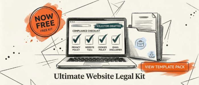Hand-drawn charcoal sketch featuring a protective website compliance shield on pillars of T&Cs and Privacy Policy promoting Legalo's free website compliance template pack.
