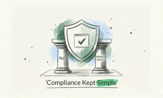 Hand-drawn charcoal sketch header banner for the Legalo website legal requirements guide. Featuring a protective website compliance shield on pillars of T&Cs and Privacy Policy with Lato typography and green ink wash accents.