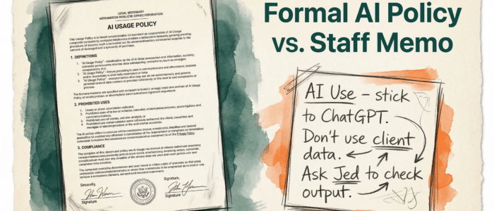 Comparison of a formal AI policy template versus a simple staff memo for business compliance.