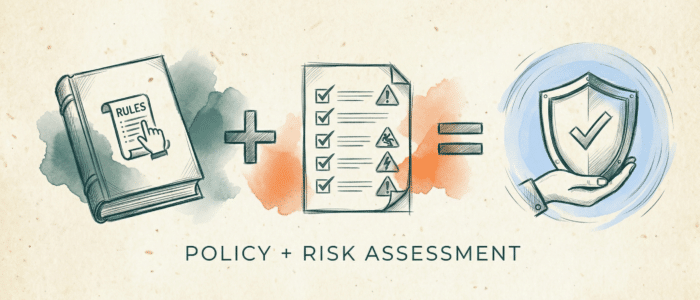 An illustrative conceptual image detailing the Health and Safety Policy download pack contents: combining the Rules Book plus the Risk Assessment checklist to achieve business protection.