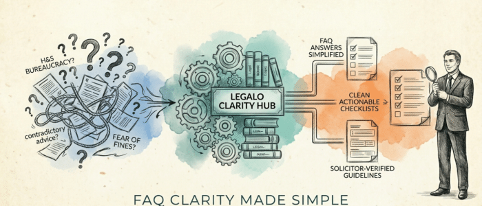 An illustrative FAQ schematic for a Health and Safety Policy, showing complex legal confusion being converted into clear, actionable checklists through the Legalo Clarity Hub.