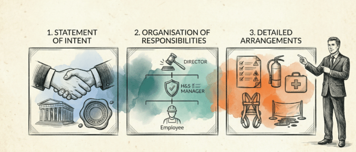 Illustrative 3-panel sketch summarising the required components of a Health and Safety Policy Statement: Statement of Intent, Organisation of Responsibilities, and Detailed Arrangements.