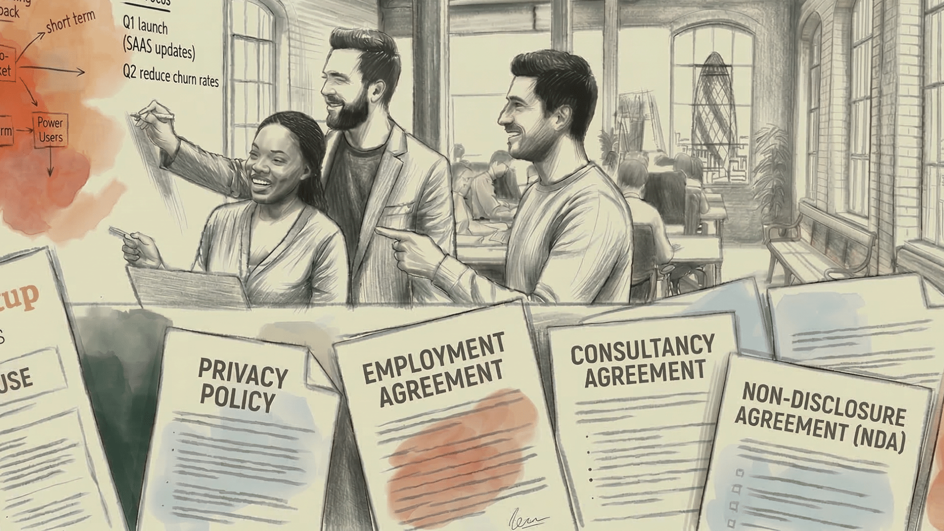 Startups legal document templates header illustration featuring collaborative entrepreneurs and clearly displayed Privacy Policy, Employment Agreement, and NDA document templates.