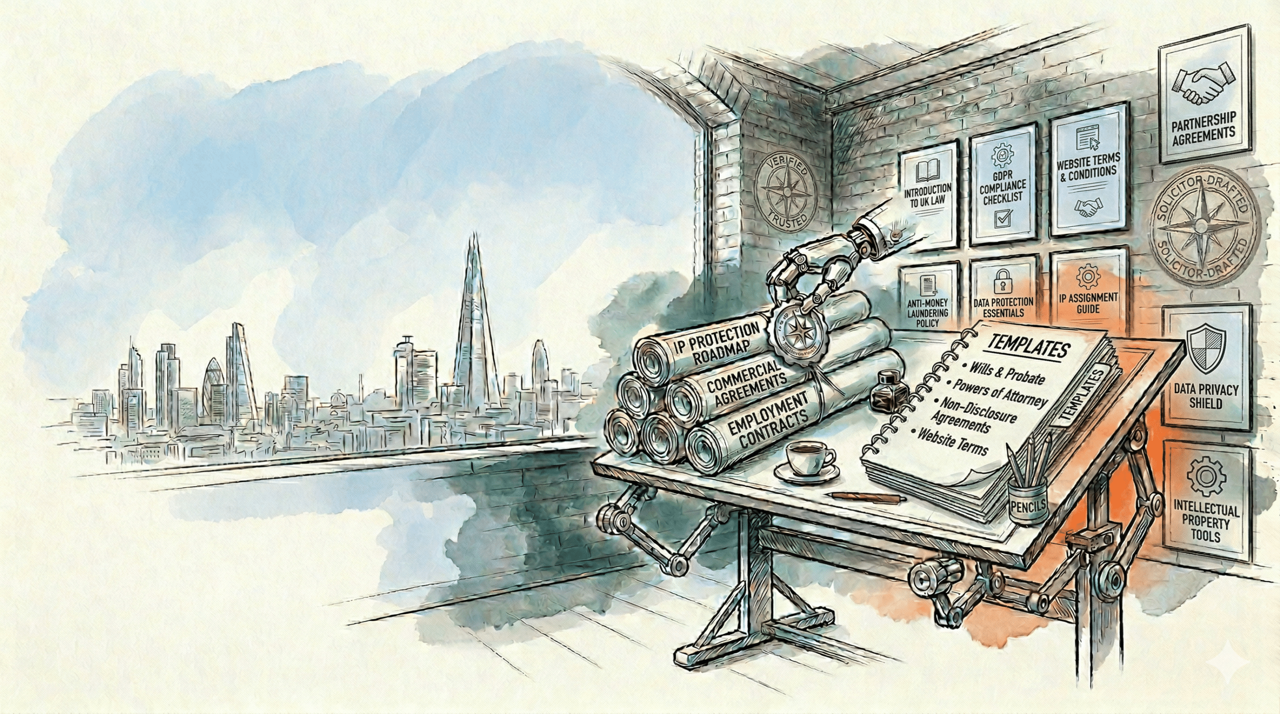 An illustrative scene showing a robot arm arranging blueprints for legal document templates on a desk with titles like 'EMPLOYMENT CONTRACTS' and 'WILLS & PROBATE'.