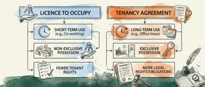 Comparison diagram showing the key legal differences between a licence to occupy v tenancy agreement regarding possession, rights, and duration.