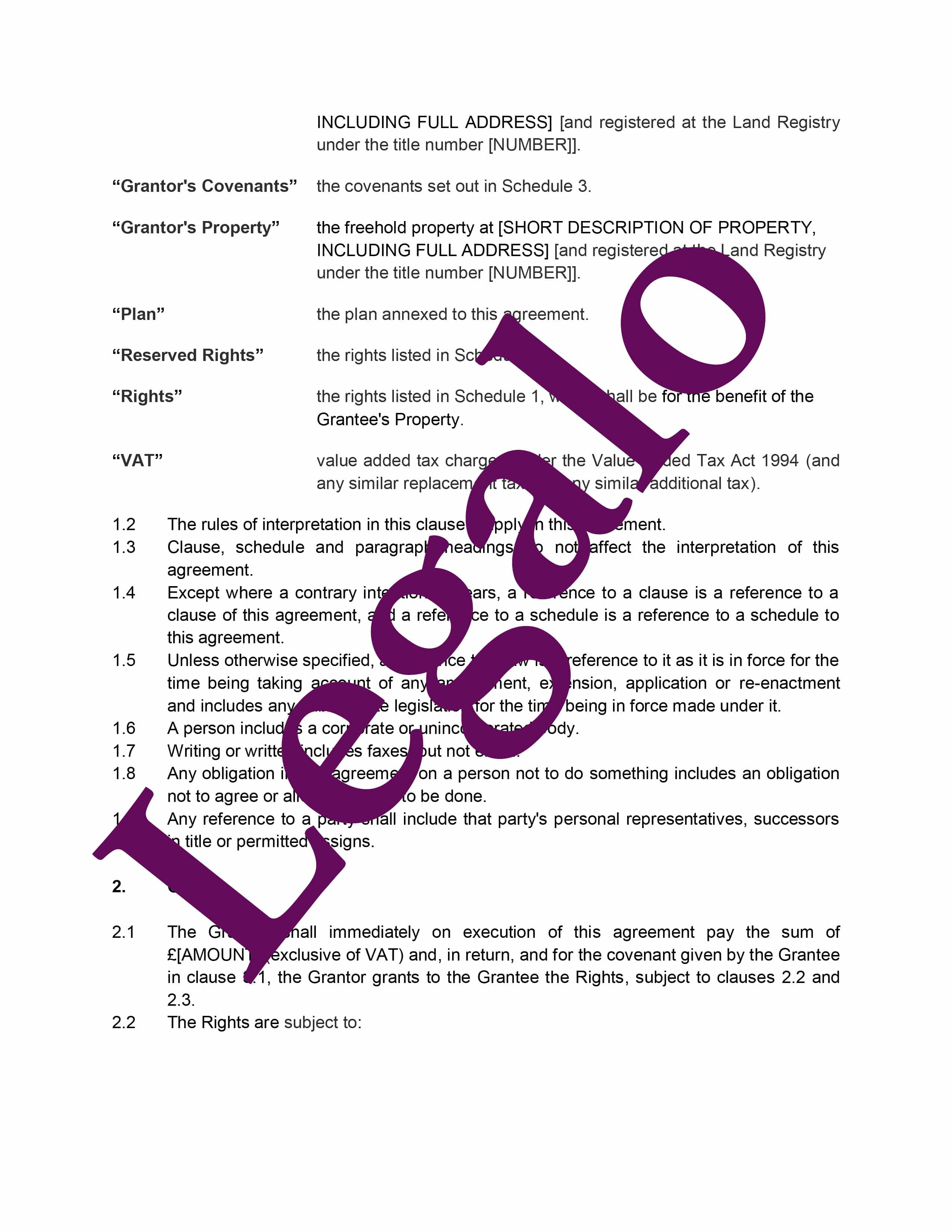 Deed of Grant of Easement Template  For Granting An Easement