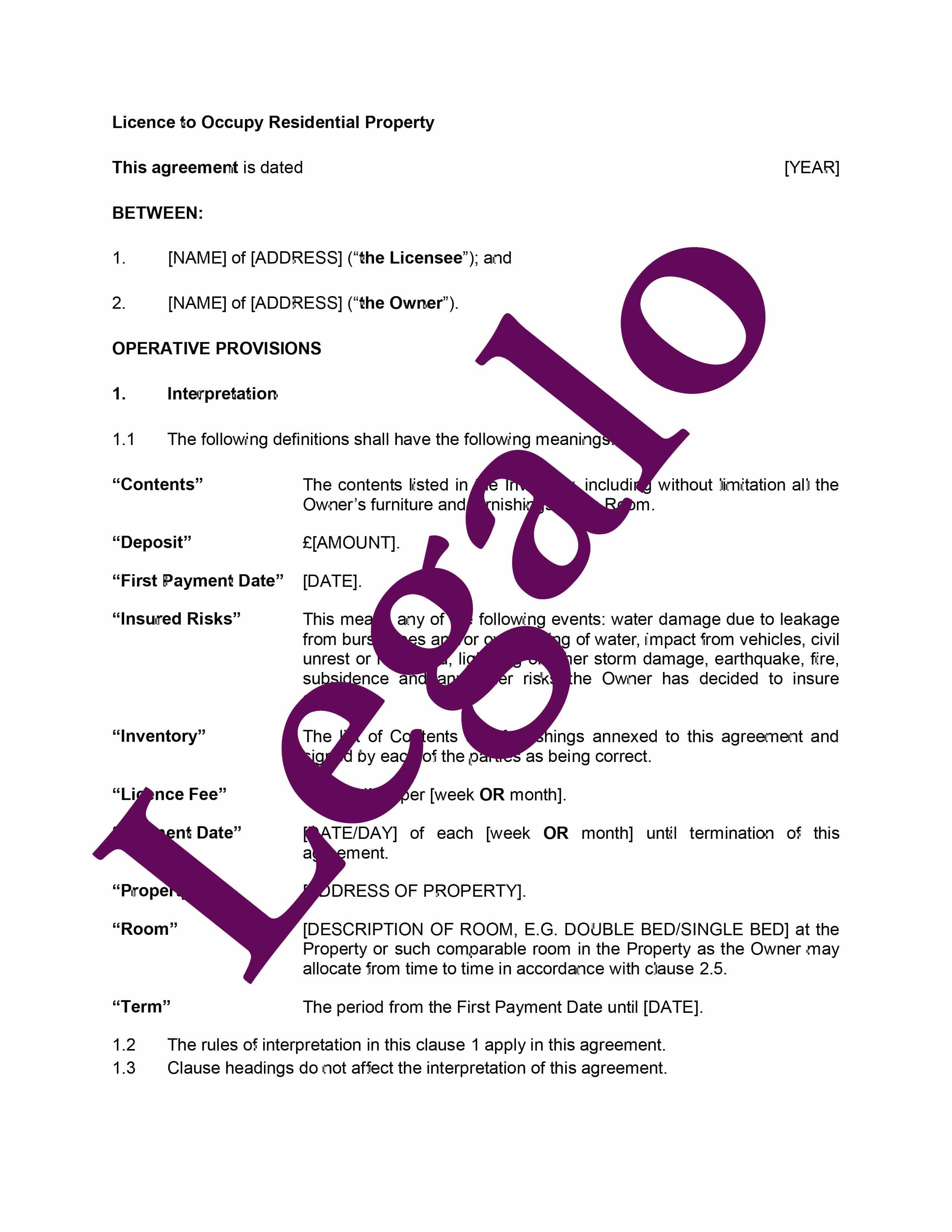Licence To Occupy Residential Property Template - Legalo, UK Regarding shelter lodger agreement template
