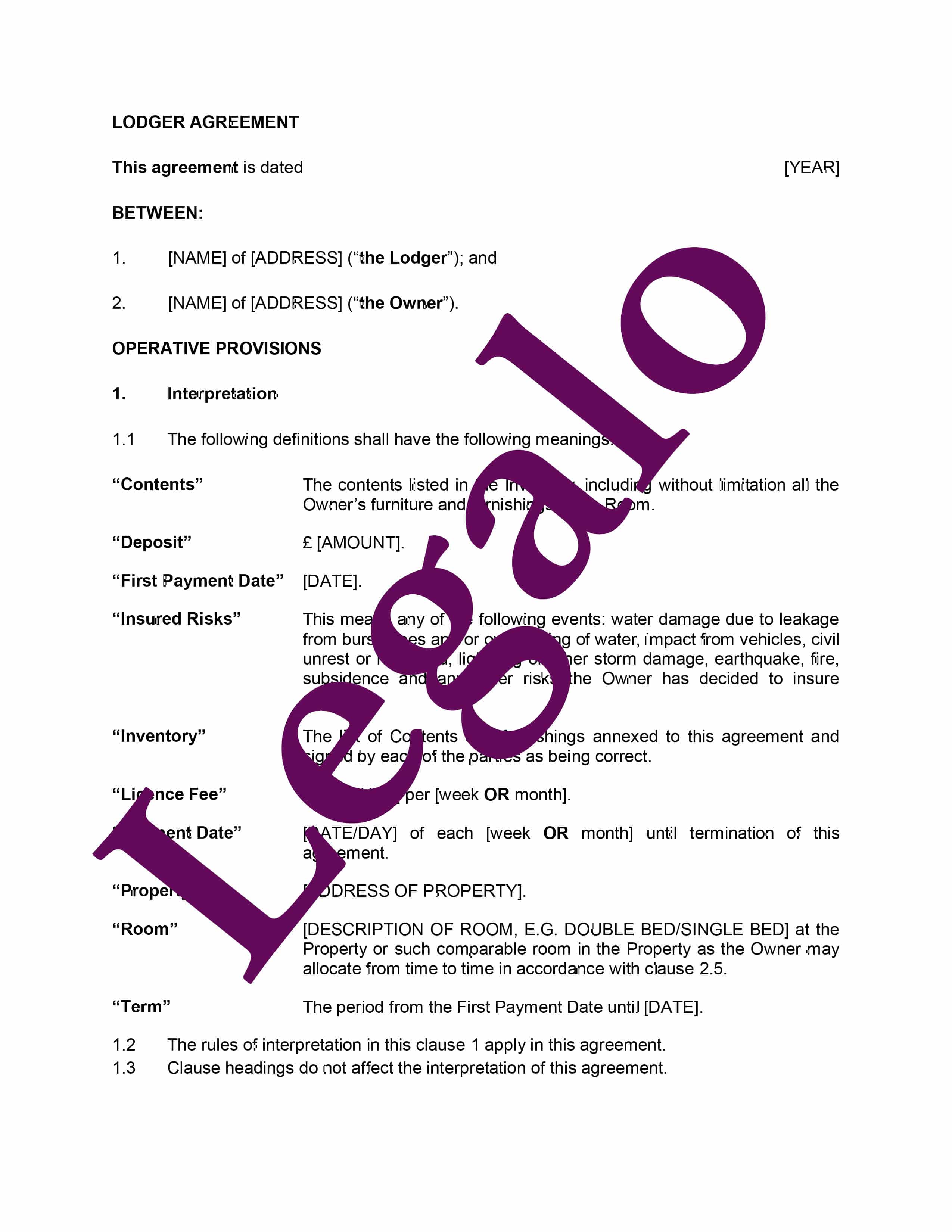 Lodger Agreement Template - For a Residential Tenancy - Legalo With Regard To excluded licence lodger agreement template