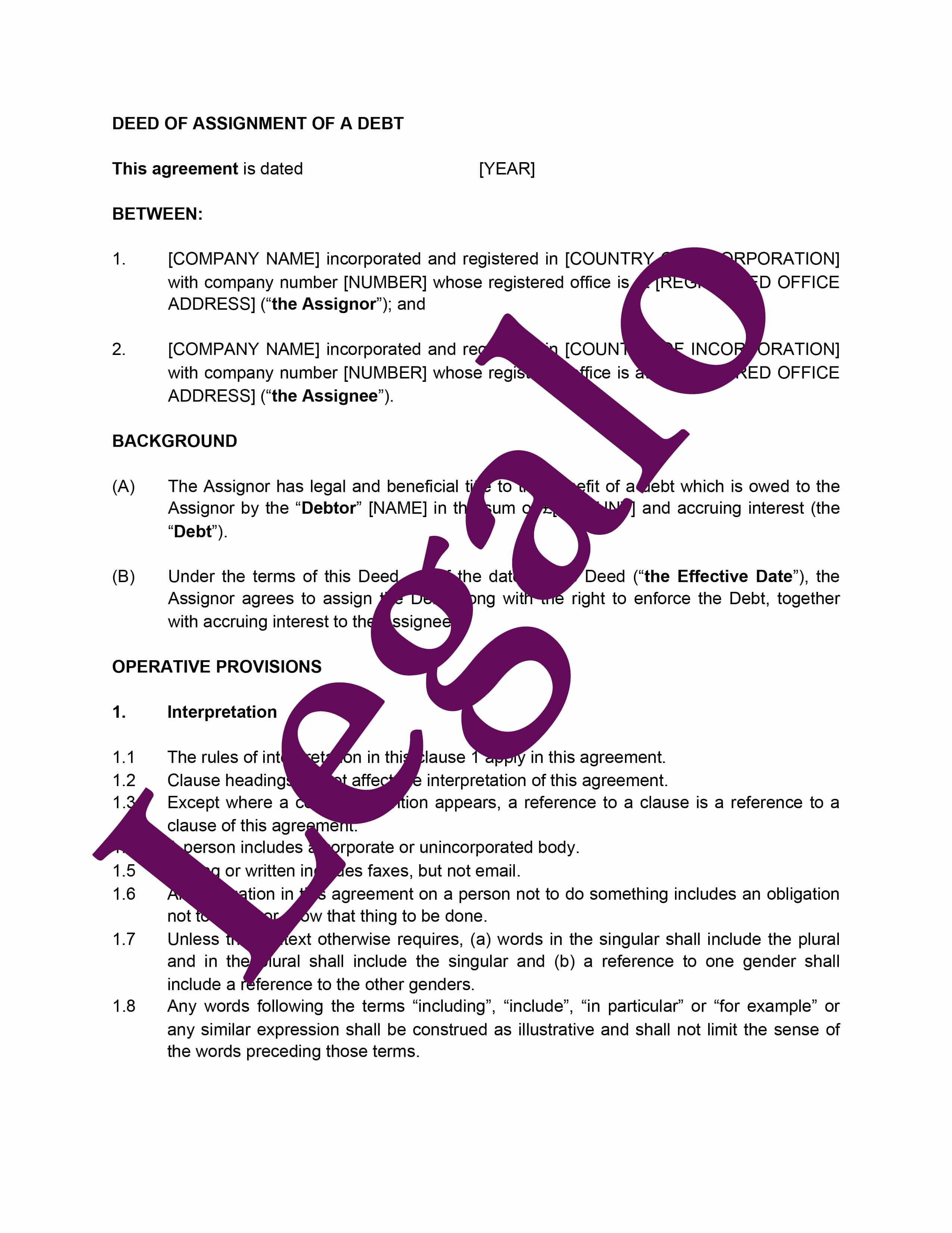 deed of assignment of debt template uk