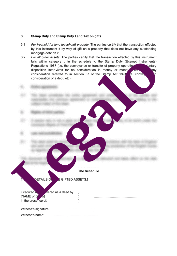Deed of Gift document template for Money & Property Assets UK